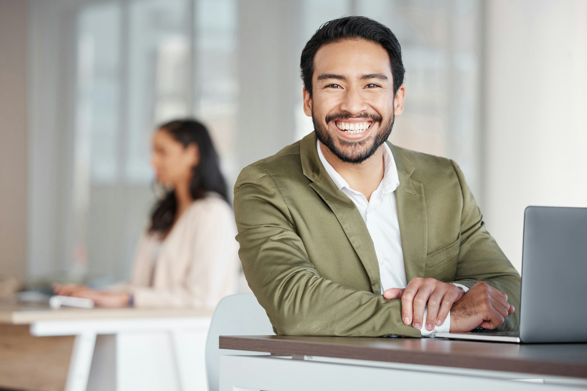 Portrait of happy business man, laptop and planning at office desk, digital project and trading. Ma